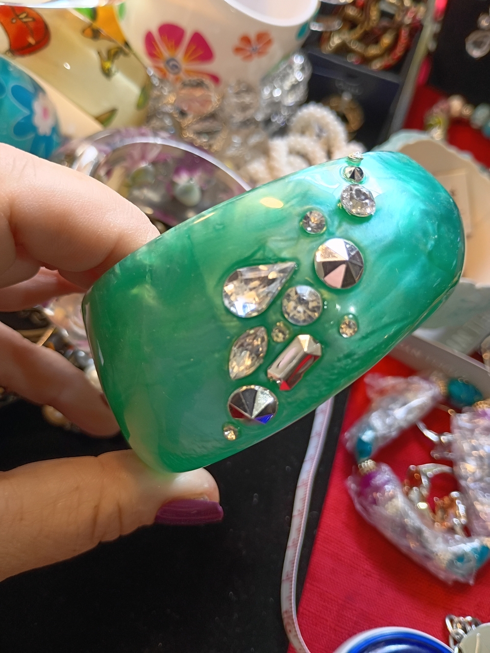 Crystal Embellished Green Resin Bangle Bracelet